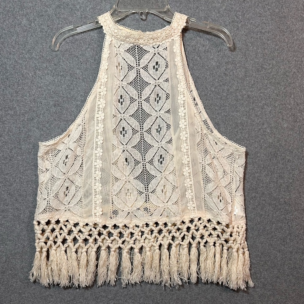 Coco + Jameson Boho Cream Festival Crochet Lace, Embroidered Halter Top Sz M